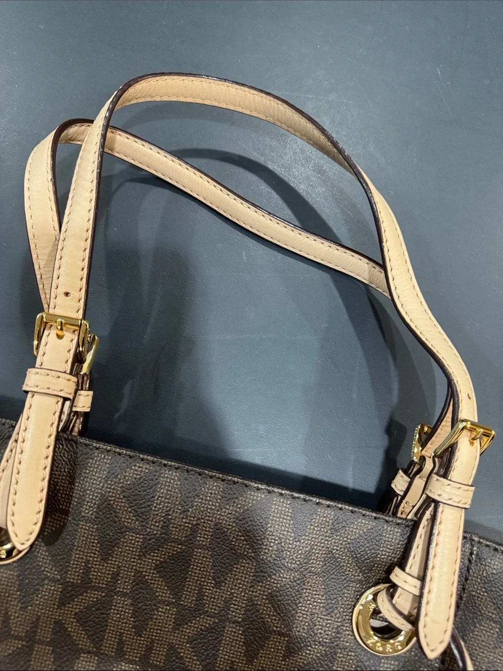 Michael Kors Brown Logo Tote with Tan Straps and Gold Hardware